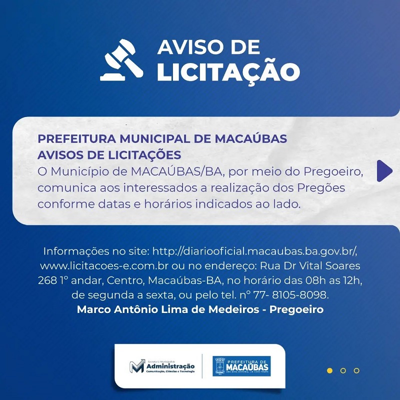AVISOS DE LICITAÇÕES - PREFEITURA MUNICIPAL DE MACAÚBAS