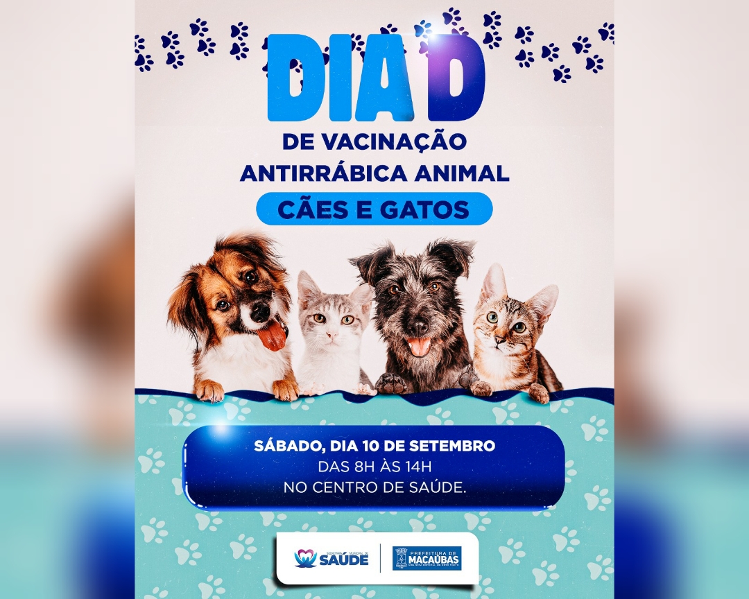 O DIA D DE VACINAÇÃO ANTIRRÁBICA ANIMAL É NESSE SÁBADO, 10 DE SETEMBRO